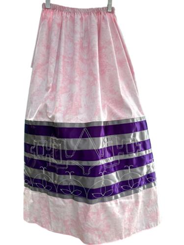 pale pink full flare maxi skirt with Faye Lone stitching design Hiawatha belt and sky domes